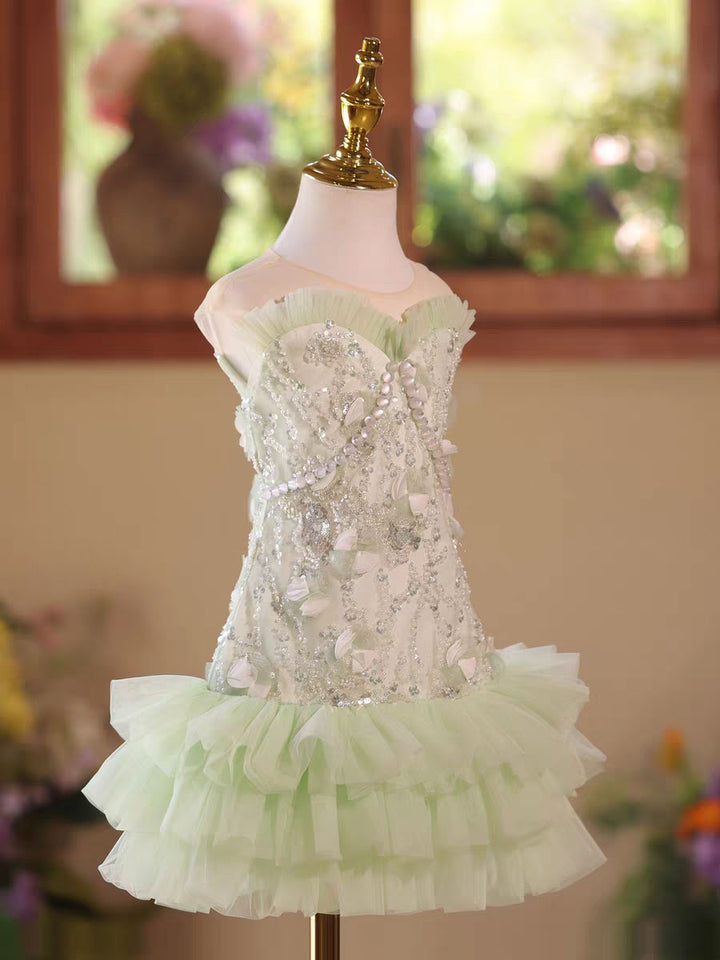 Sage Green Flower Girl Dress with Pearl Sequin Kids Princess Party Dress D248