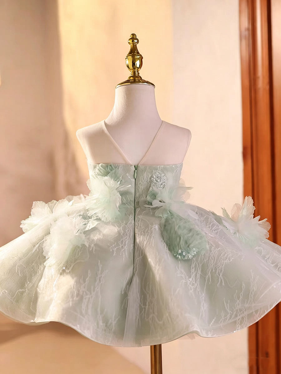 Sage Green Flower Girl Dress with 3D Floral Appliqué Lace Tulle Princess Wedding Gown D259
