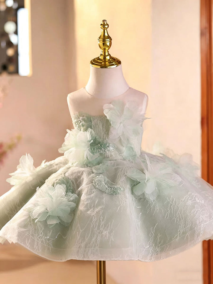 Sage Green Flower Girl Dress with 3D Floral Appliqué Lace Tulle Princess Wedding Gown D259