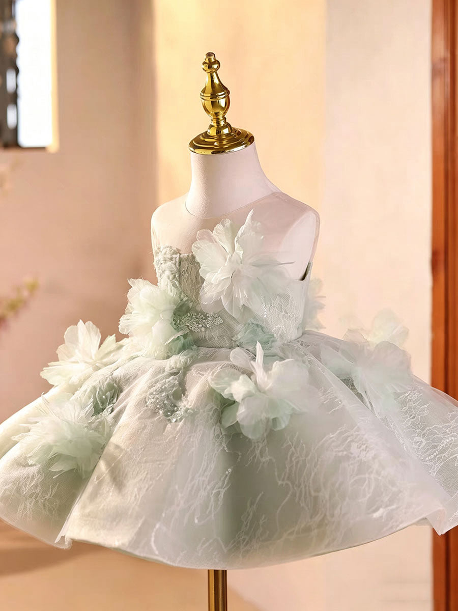 Sage Green Flower Girl Dress with 3D Floral Appliqué Lace Tulle Princess Wedding Gown D259