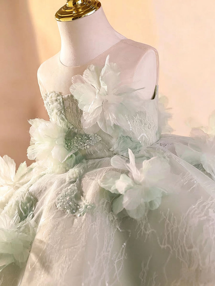 Sage Green Flower Girl Dress with 3D Floral Appliqué Lace Tulle Princess Wedding Gown D259