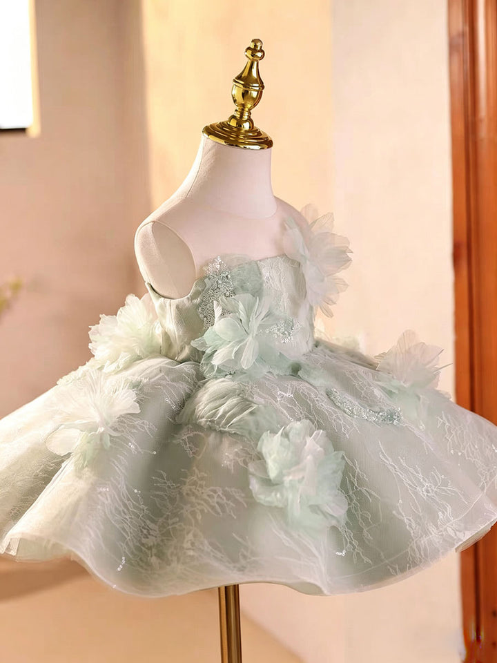 Sage Green Flower Girl Dress with 3D Floral Appliqué Lace Tulle Princess Wedding Gown D259