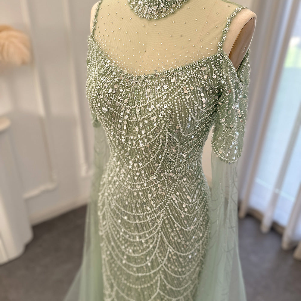 Sage Green Mermaid Luxury Evening Dress with Cape Sleeves SS205-DreamyVow