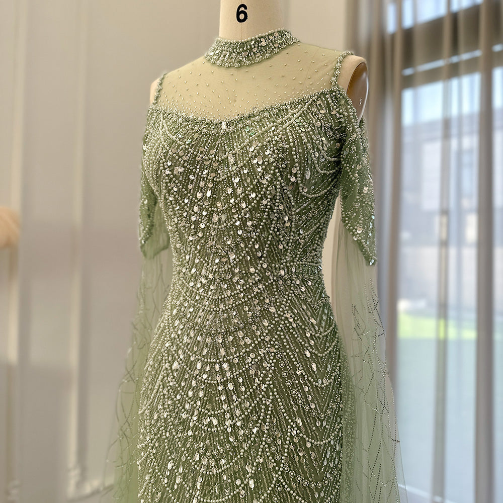 Sage Green Mermaid Luxury Evening Dress with Cape Sleeves SS205-DreamyVow