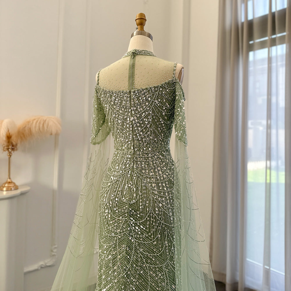 Sage Green Mermaid Luxury Evening Dress with Cape Sleeves SS205-DreamyVow