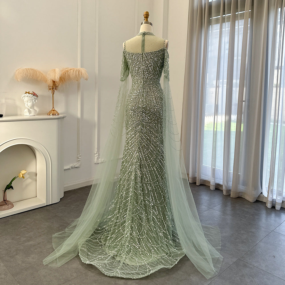 Sage Green Mermaid Luxury Evening Dress with Cape Sleeves SS205-DreamyVow