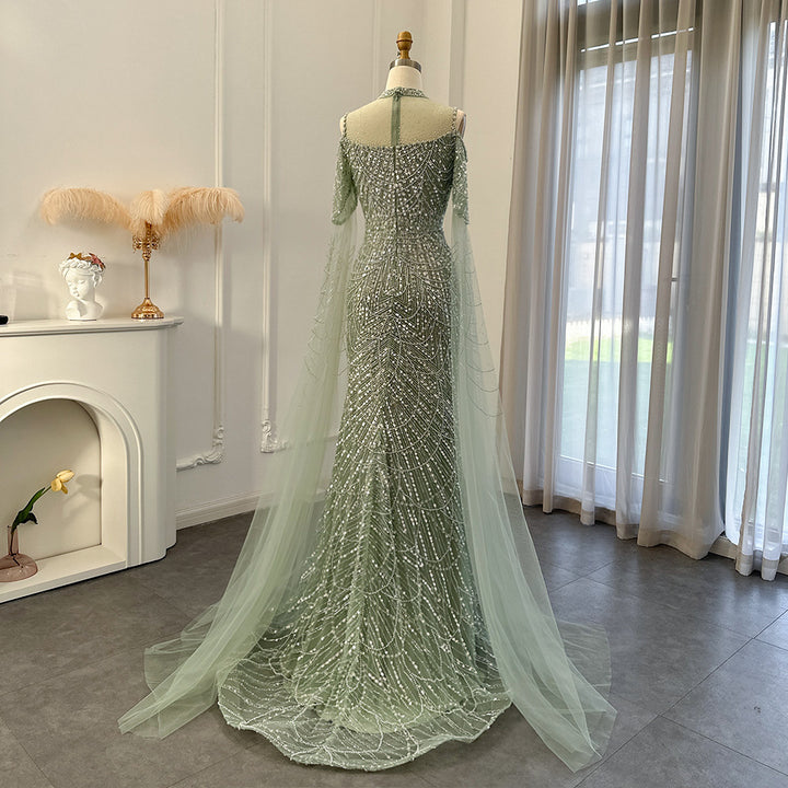 Sage Green Mermaid Luxury Evening Dress with Cape Sleeves SS205-DreamyVow