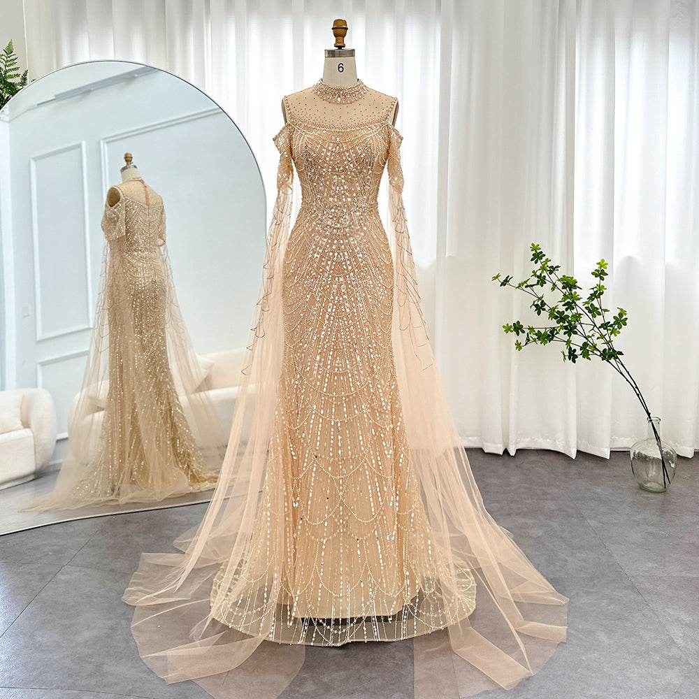 Sage Green Mermaid Luxury Evening Dress with Cape Sleeves SS205