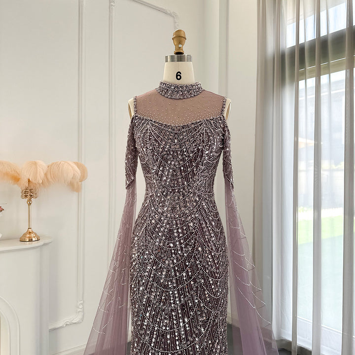 Sage Green Mermaid Luxury Evening Dress with Cape Sleeves SS205-DreamyVow