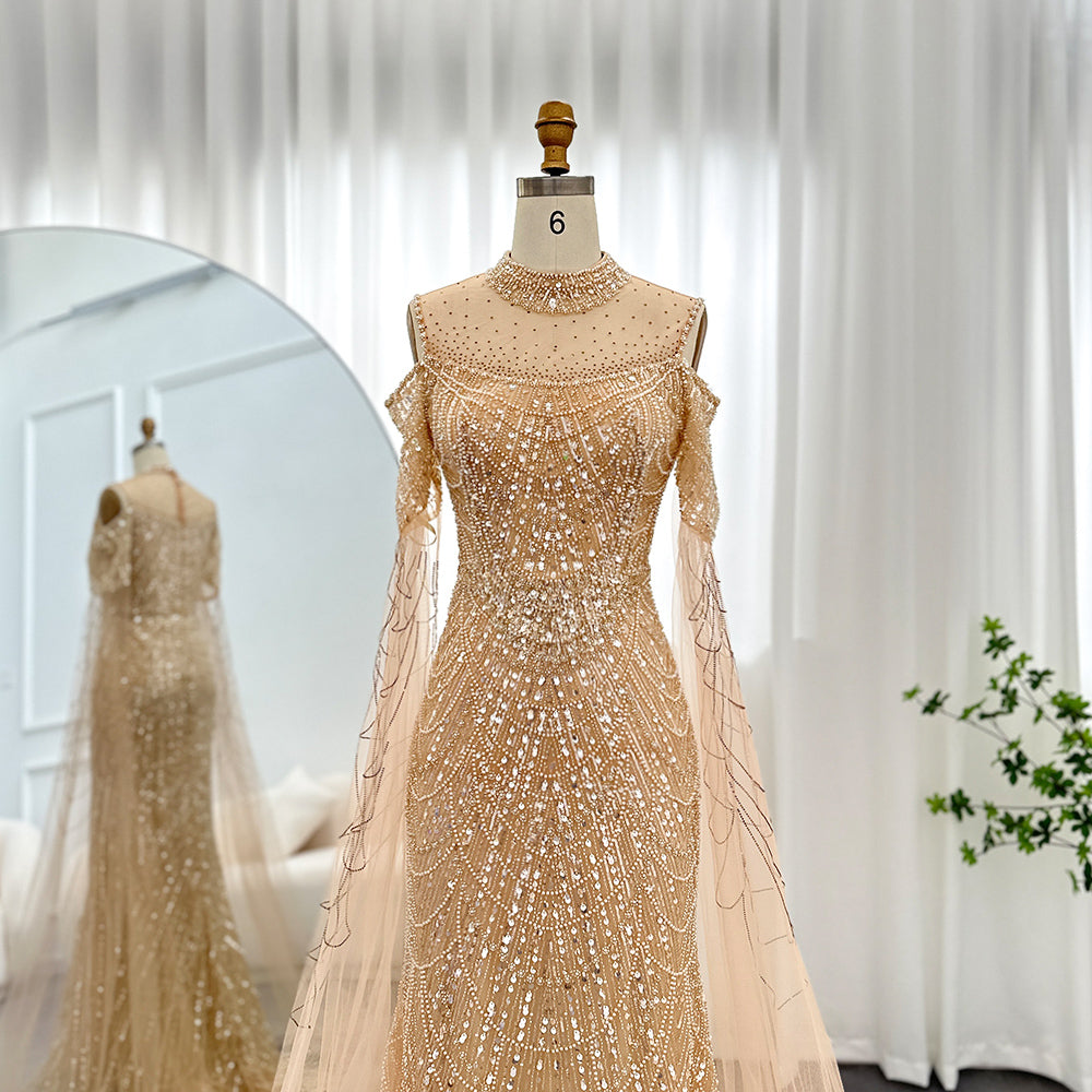 Sage Green Mermaid Luxury Evening Dress with Cape Sleeves SS205