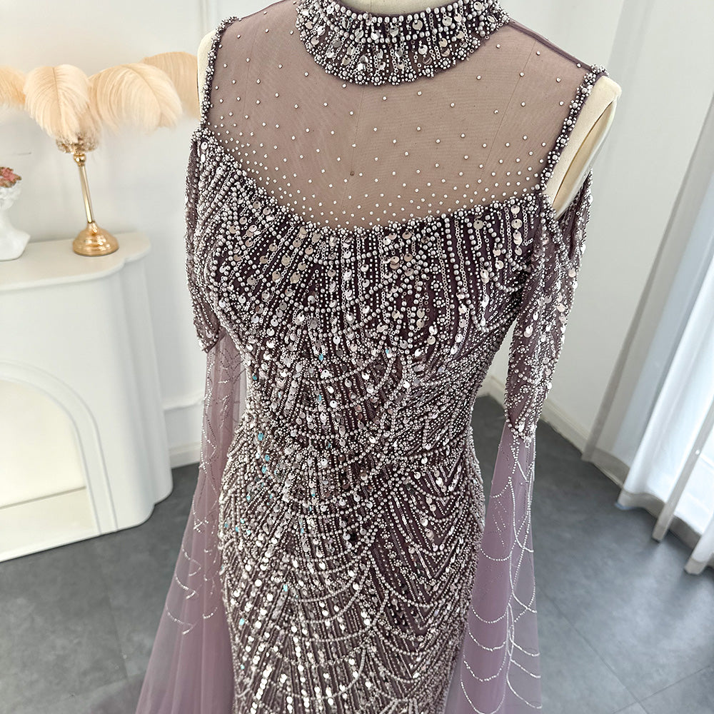 Sage Green Mermaid Luxury Evening Dress with Cape Sleeves SS205-DreamyVow