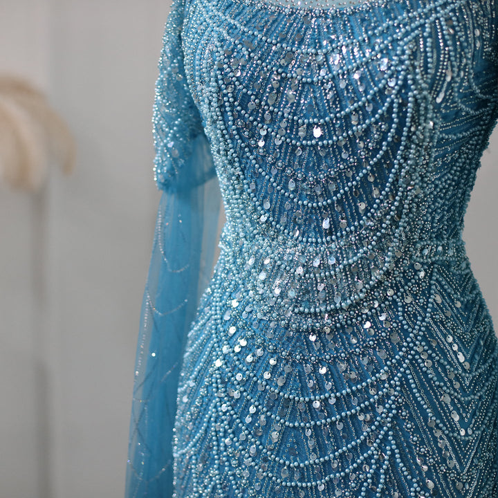 Sage Green Mermaid Luxury Evening Dress with Cape Sleeves SS205