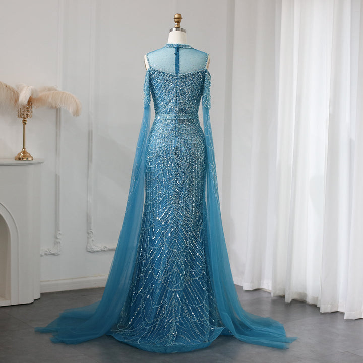Sage Green Mermaid Luxury Evening Dress with Cape Sleeves SS205