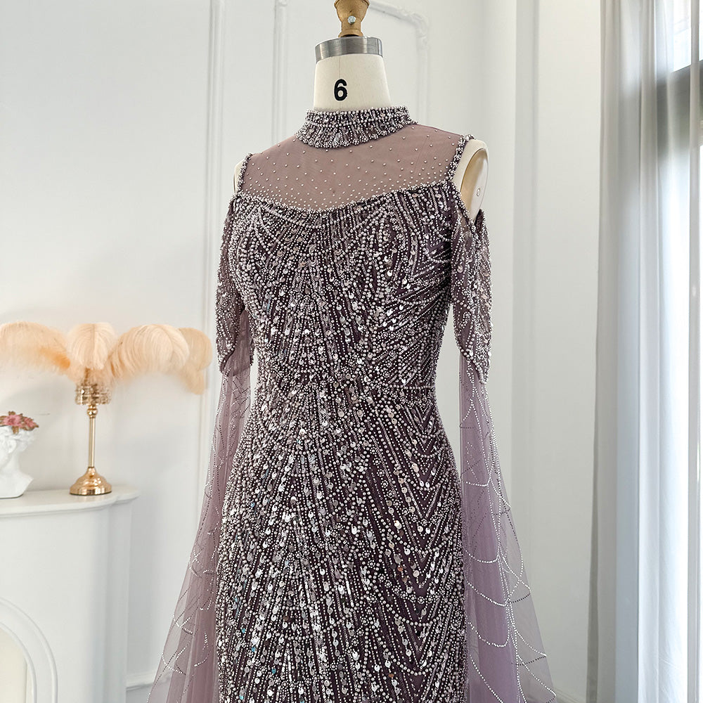 Sage Green Mermaid Luxury Evening Dress with Cape Sleeves SS205-DreamyVow