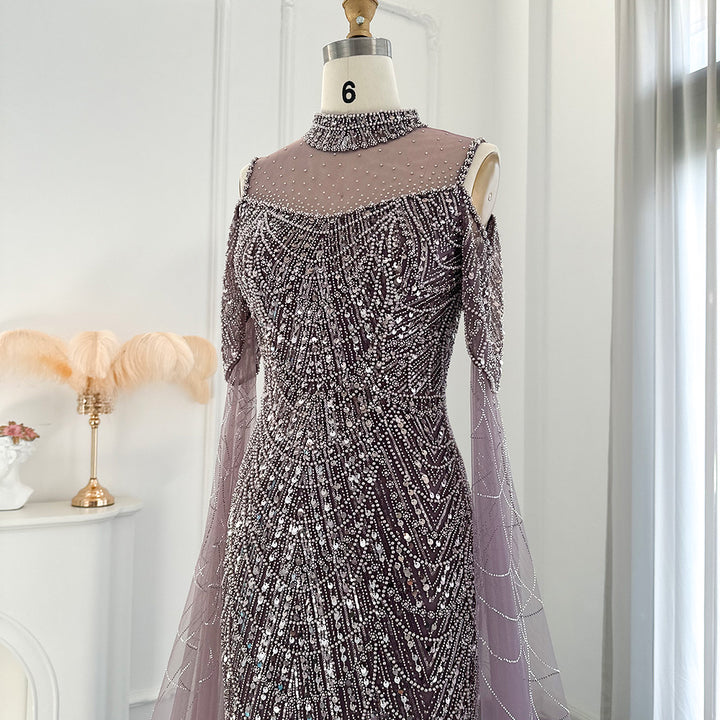 Sage Green Mermaid Luxury Evening Dress with Cape Sleeves SS205-DreamyVow