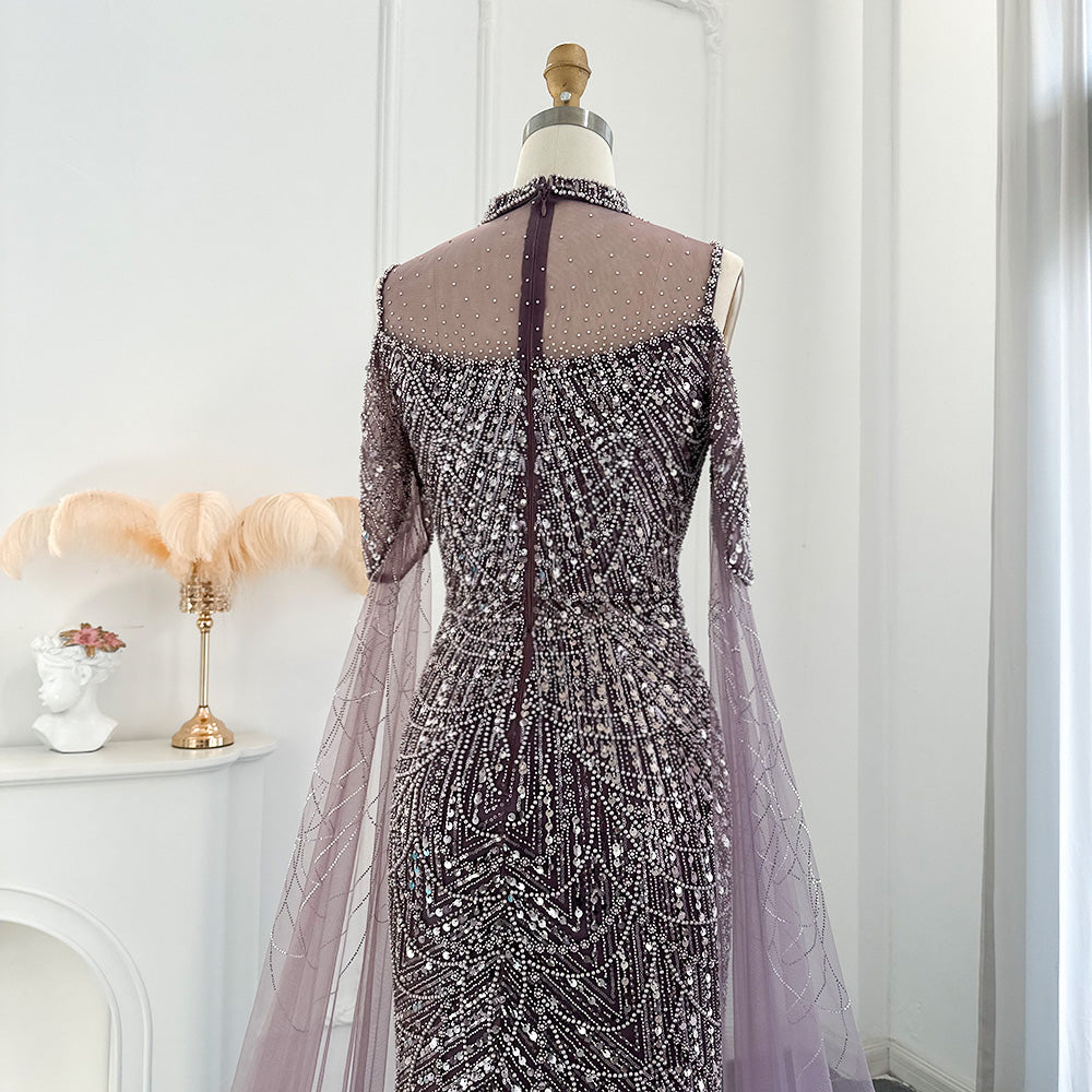 Sage Green Mermaid Luxury Evening Dress with Cape Sleeves SS205-DreamyVow