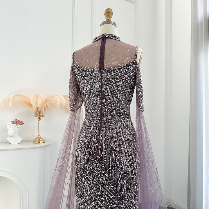 Sage Green Mermaid Luxury Evening Dress with Cape Sleeves SS205-DreamyVow