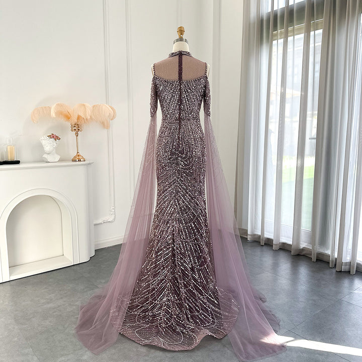 Sage Green Mermaid Luxury Evening Dress with Cape Sleeves SS205-DreamyVow