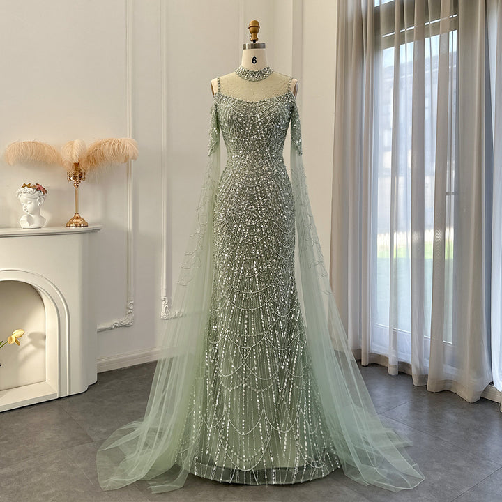 Sage Green Mermaid Luxury Evening Dress with Cape Sleeves SS205-DreamyVow