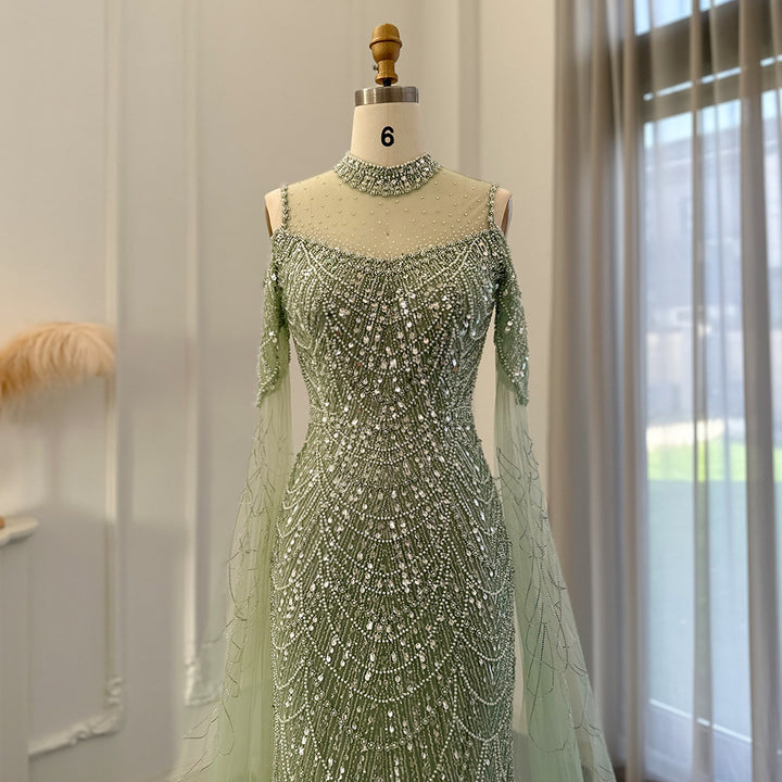 Sage Green Mermaid Luxury Evening Dress with Cape Sleeves SS205-DreamyVow