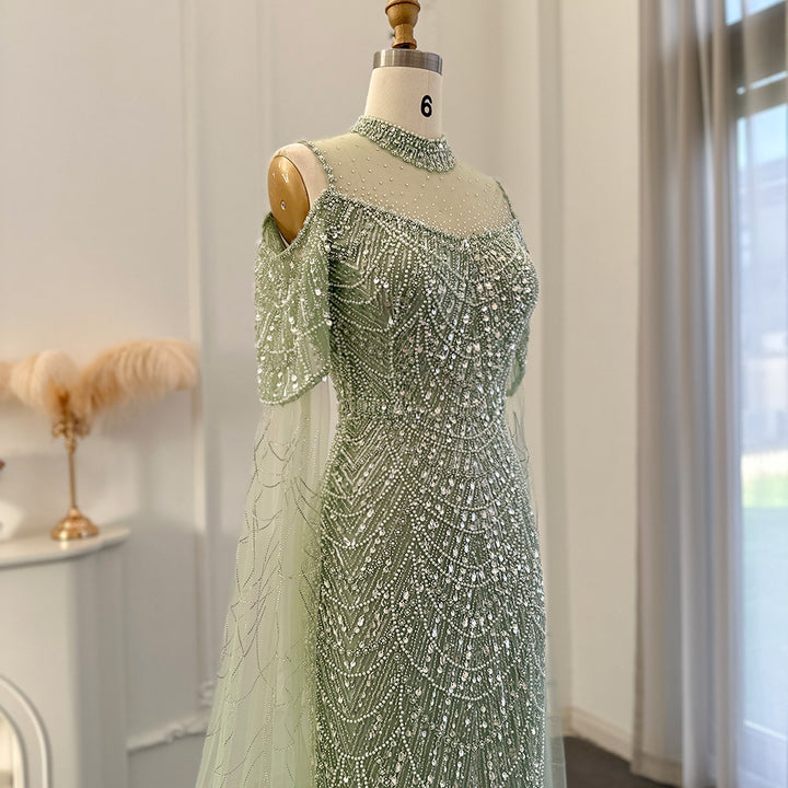 Sage Green Mermaid Luxury Evening Dress with Cape Sleeves SS205-DreamyVow