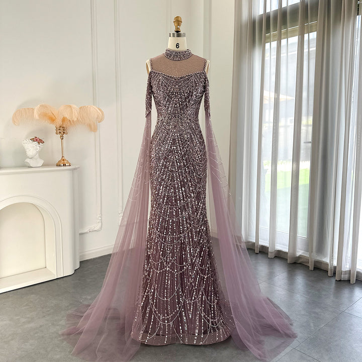 Sage Green Mermaid Luxury Evening Dress with Cape Sleeves SS205-DreamyVow