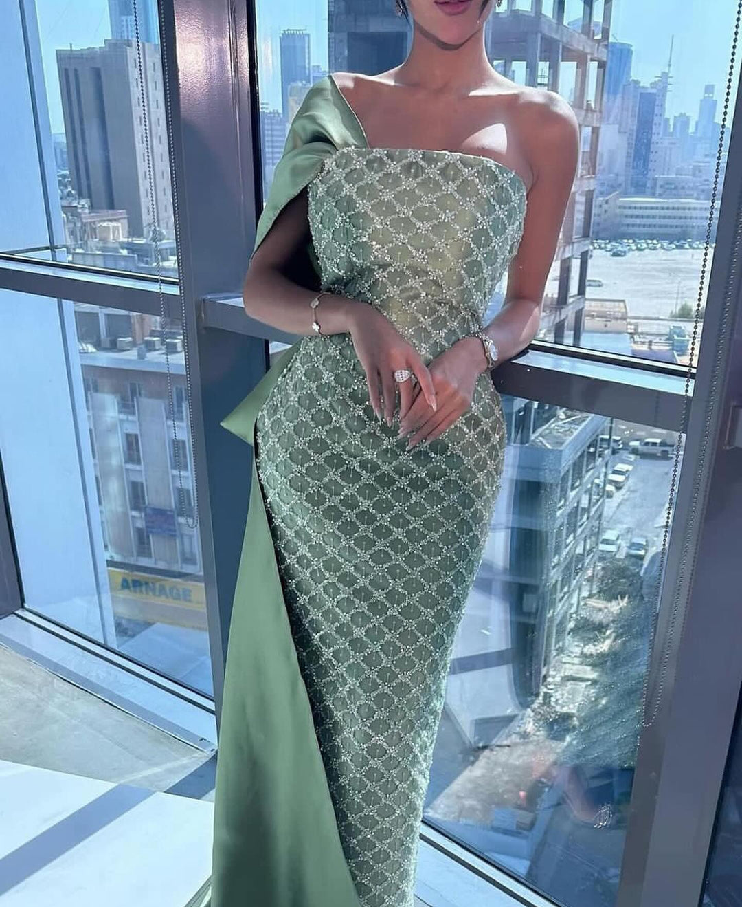 Sage Green One Shoulder Sheath Arabic Evening Dress SS626