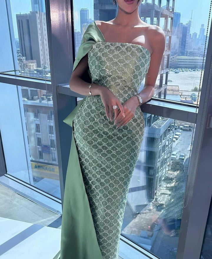 Sage Green One Shoulder Sheath Arabic Evening Dress SS626