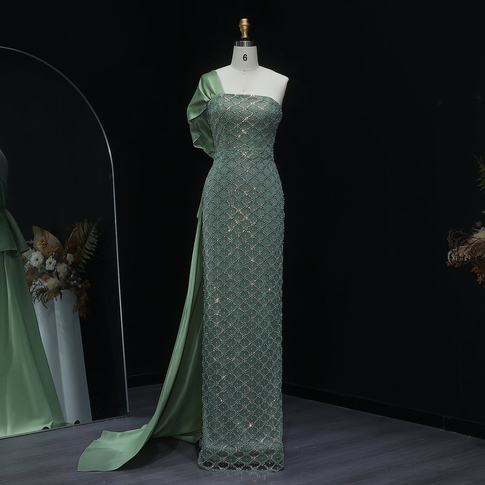 Sage Green One Shoulder Sheath Arabic Evening Dress SS626