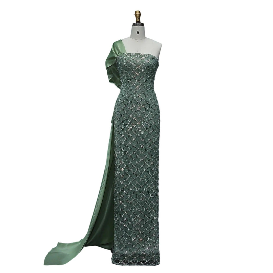 Sage Green One Shoulder Sheath Arabic Evening Dress SS626