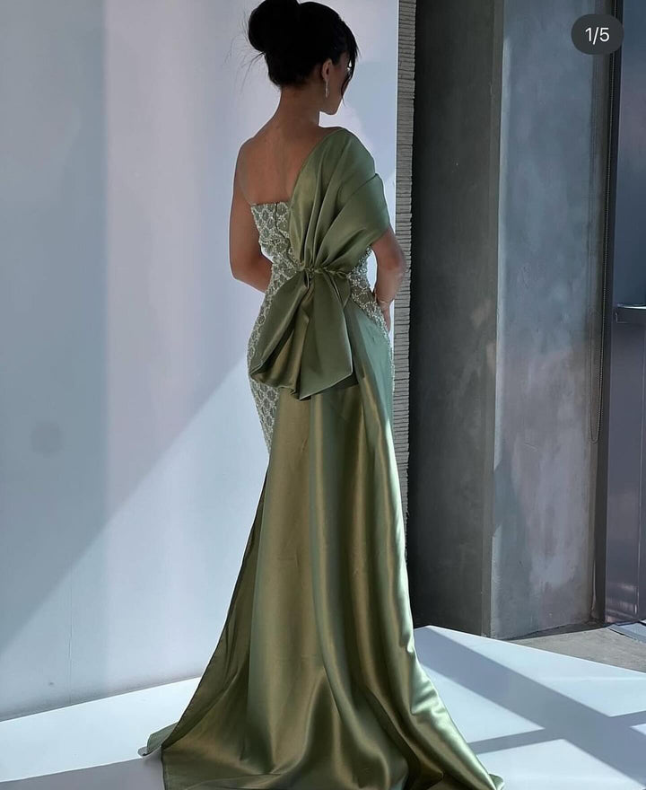Sage Green One Shoulder Sheath Arabic Evening Dress SS626