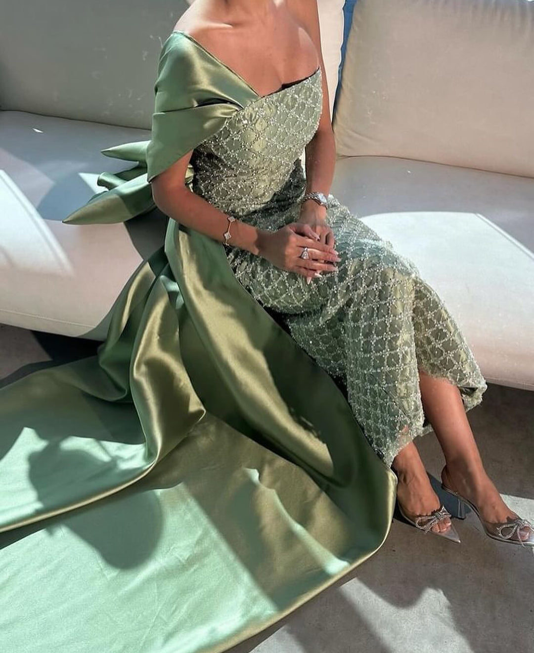 Sage Green One Shoulder Sheath Arabic Evening Dress SS626