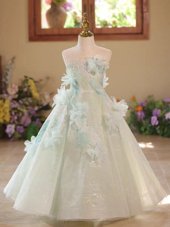 Fairy Sage Green Flower Girl Dress with 3D Floral Appliqués D009