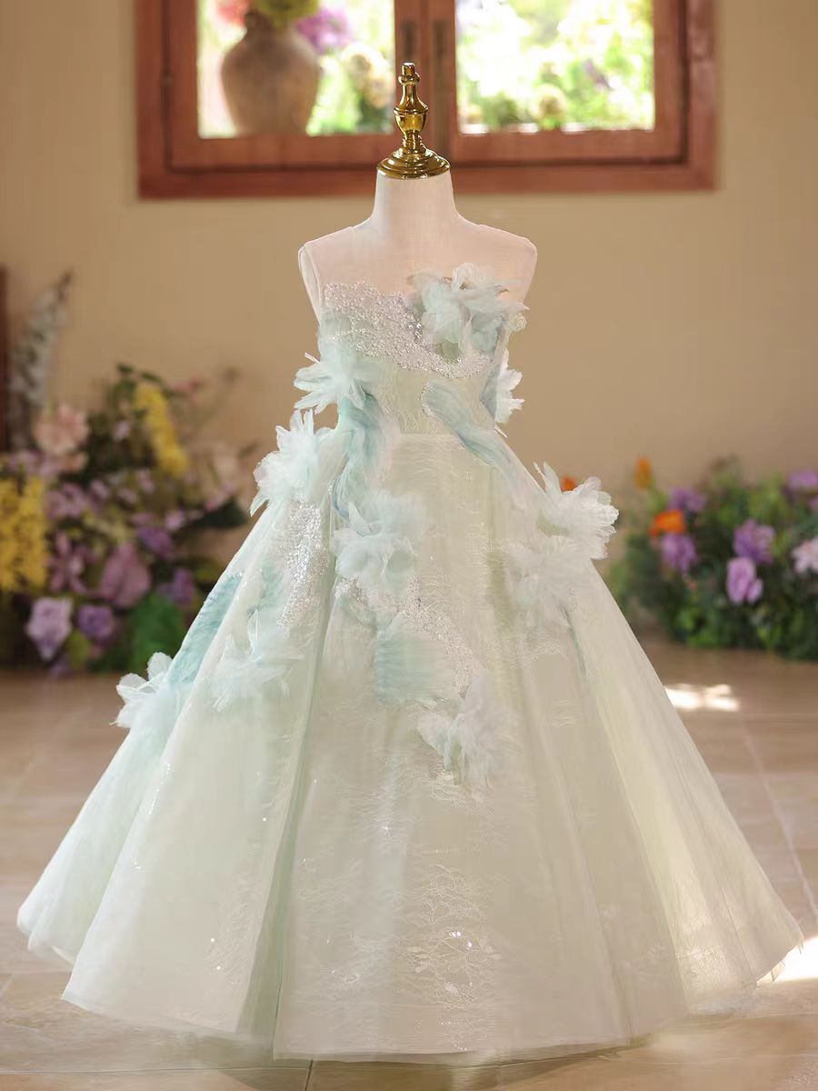 Fairy Sage Green Flower Girl Dress with 3D Floral Appliqus D009 Sage Green / Child-14 Fairy Sage Green Flower Girl Dress with 3D Floral Appliqus D009 Sage Green / Child-14