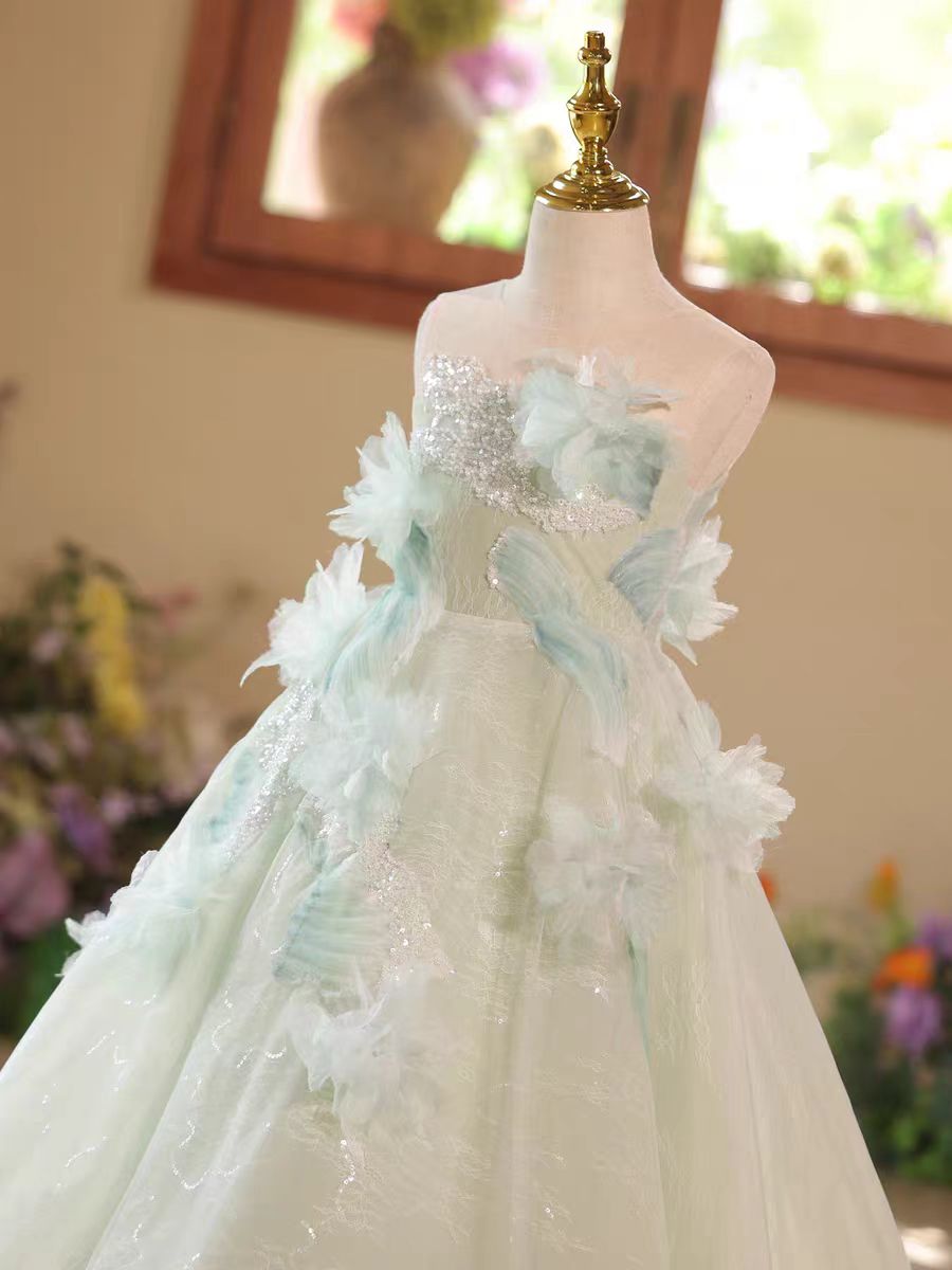 Fairy Sage Green Flower Girl Dress with 3D Floral Appliqués D009
