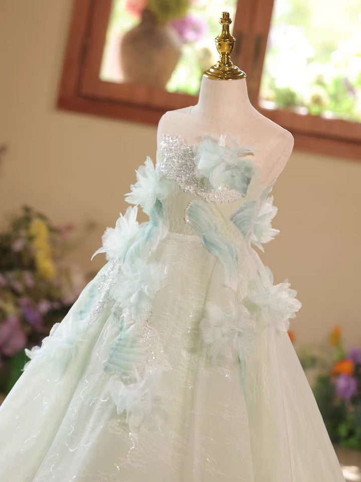 Fairy Sage Green Flower Girl Dress with 3D Floral Appliqués D009