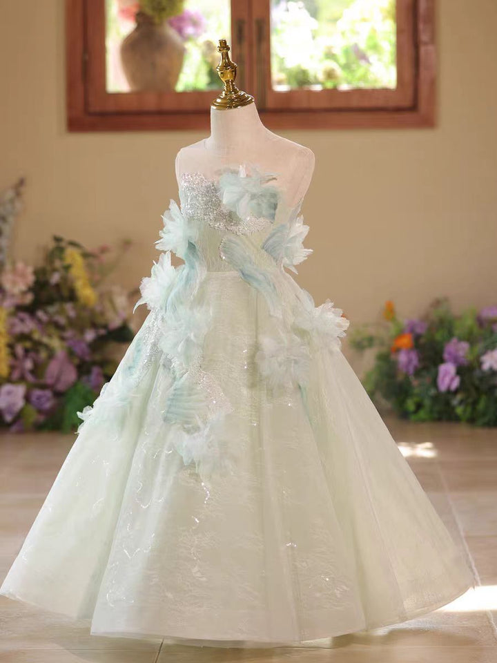 Fairy Sage Green Flower Girl Dress with 3D Floral Appliqués D009