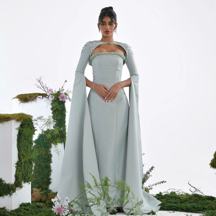 Saudi Arabia Sage Green Mermaid Evening Dress with Cape SS424, Sage Green / 16 Saudi Arabia Sage Green Mermaid Evening Dress with Cape SS424, Sage Green / 16
