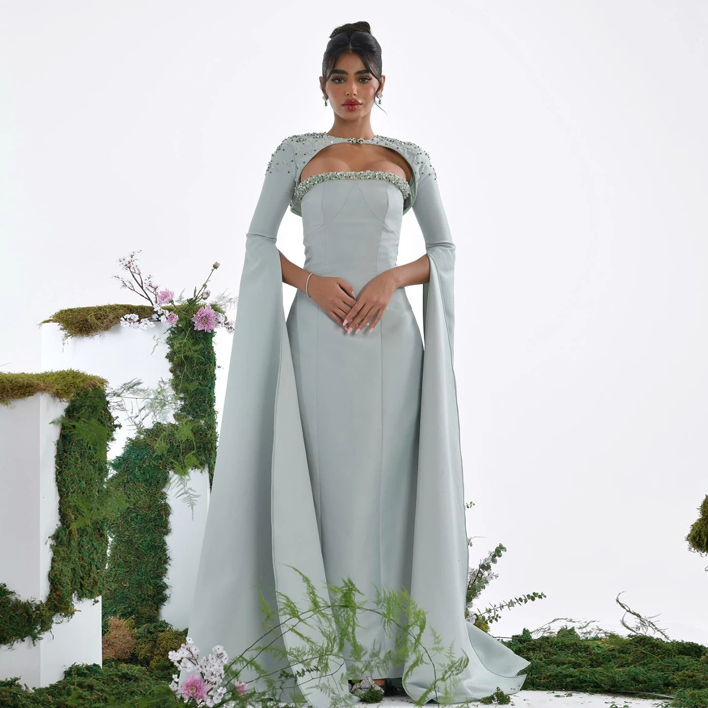 slim fit dress slacks Saudi Arabia Sage Green Mermaid Evening Dress with Cape SS424, Sage Green / 16
