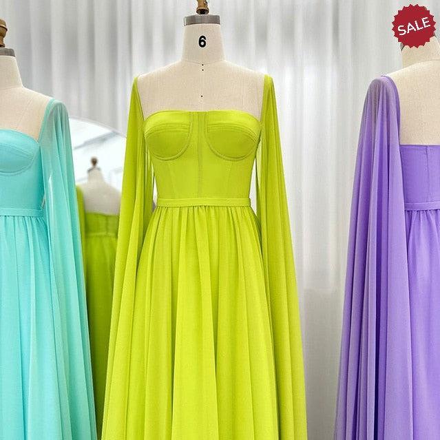 Saudi Arabic Lemon Yellow Dubai Evening Dresses with Cape SF076