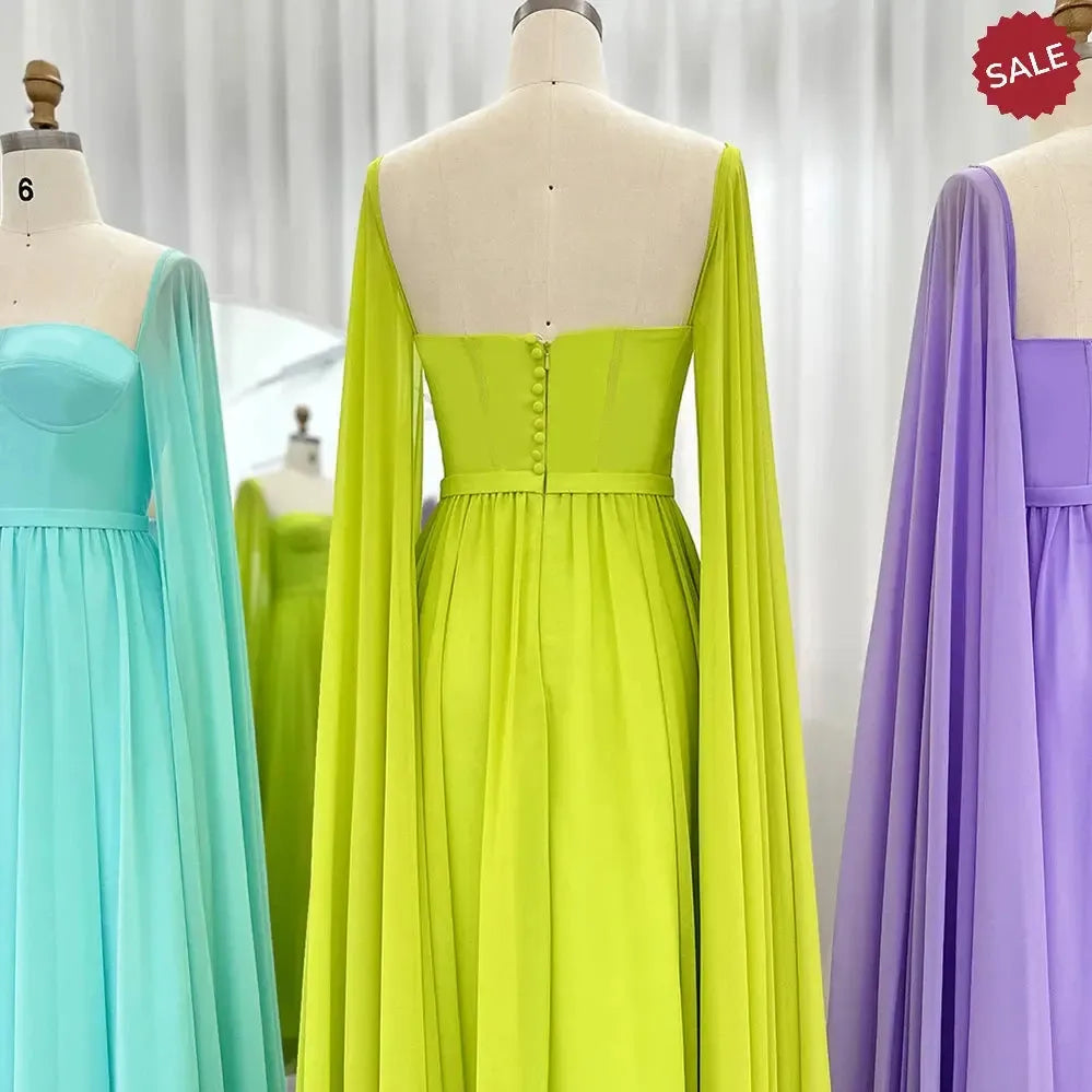 Saudi Arabic Lemon Yellow Dubai Evening Dresses with Cape SF076