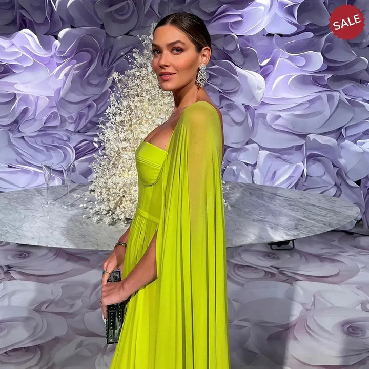 Saudi Arabic Lemon Yellow Dubai Evening Dresses with Cape SF076