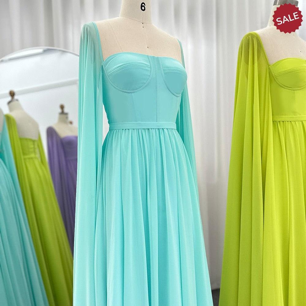 Saudi Arabic Lemon Yellow Dubai Evening Dresses with Cape SF076