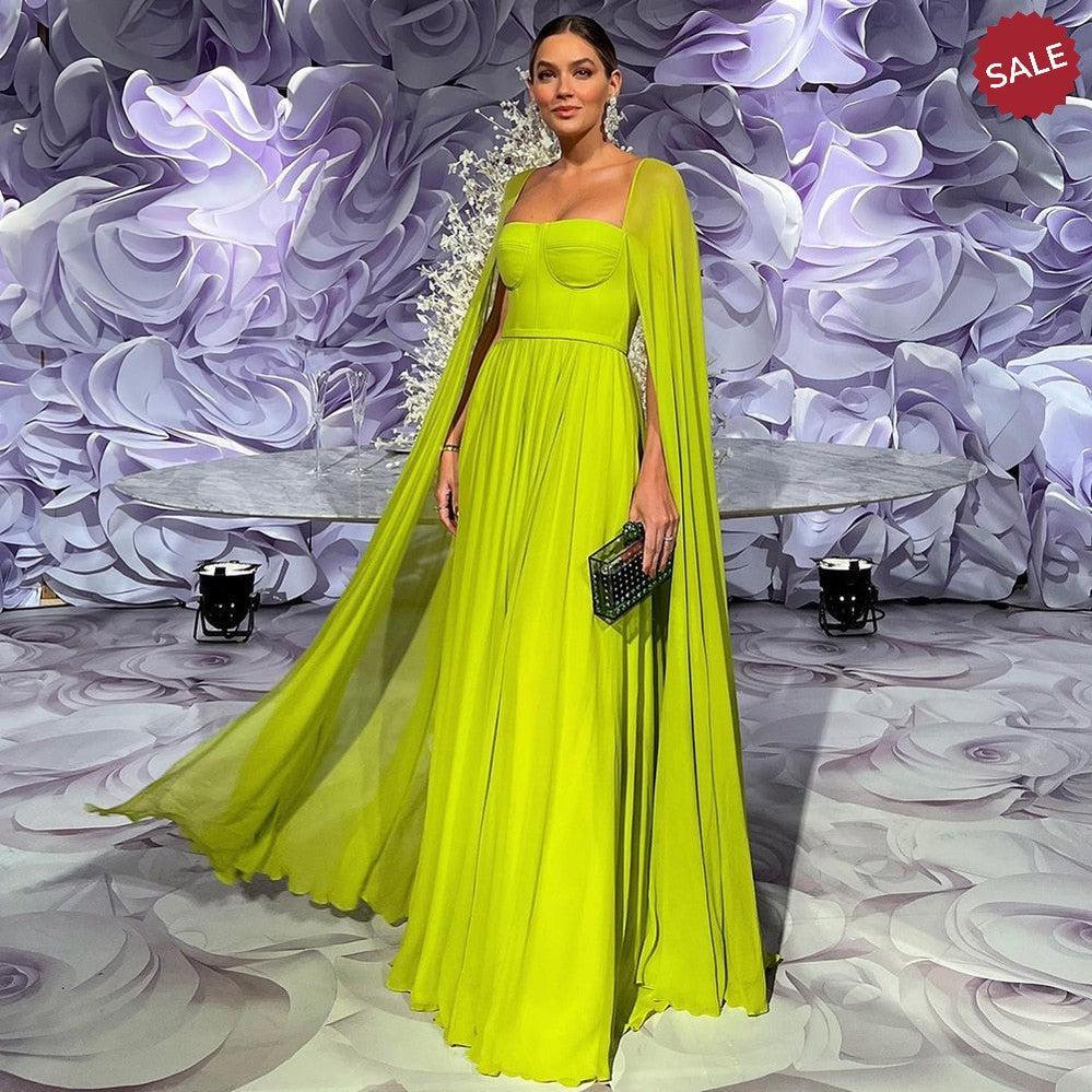 Saudi Arabic Lemon Yellow Dubai Evening Dresses with Cape SF076