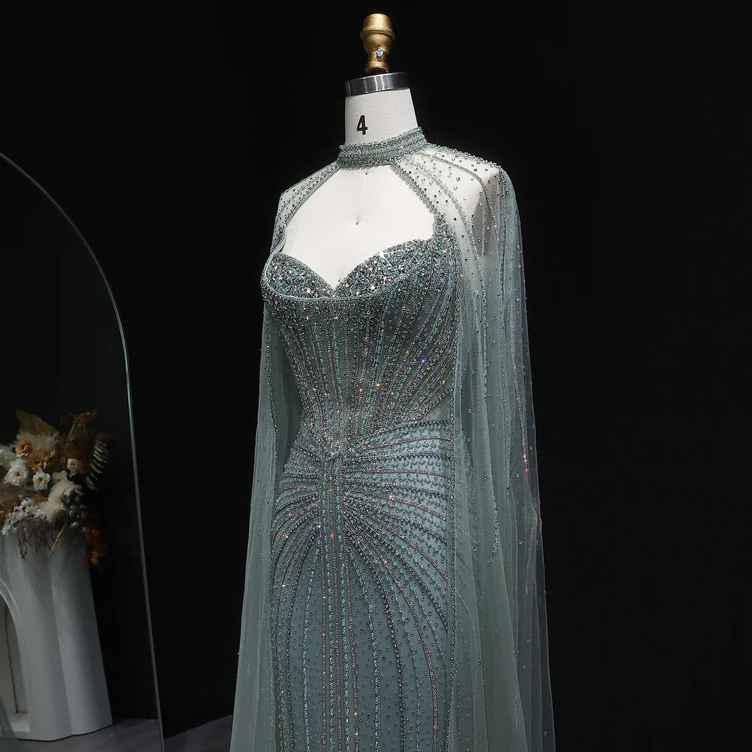 Shimmering Beaded Evening Dress with Cape Train SS156