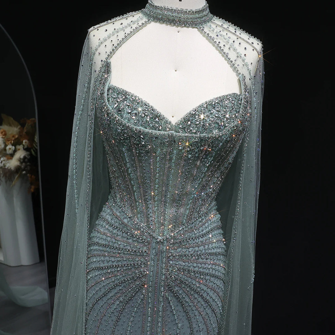 Shimmering Beaded Evening Dress with Cape Train SS156