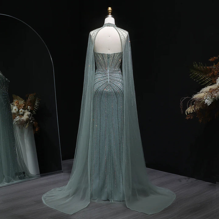 Shimmering Beaded Evening Dress with Cape Train SS156