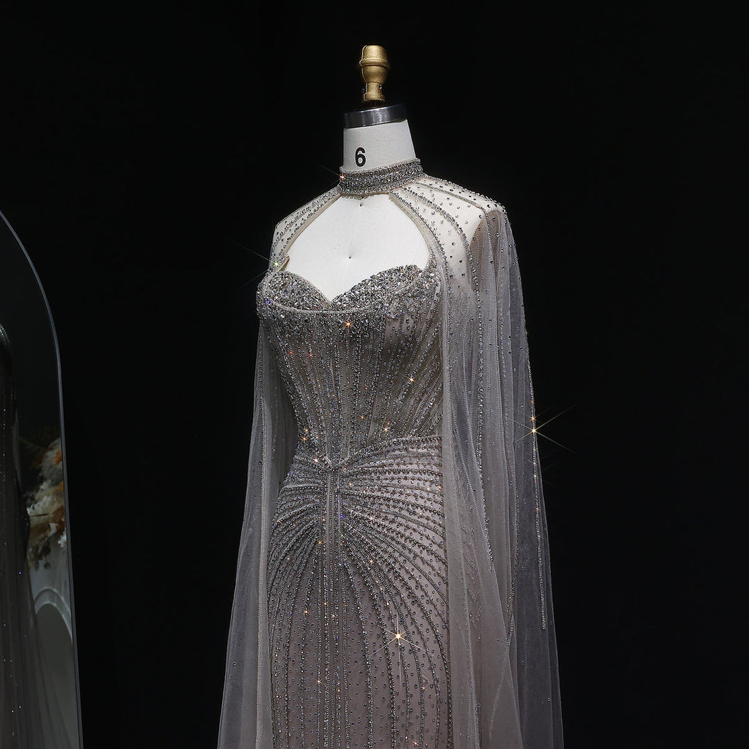 Shimmering Beaded Evening Dress with Cape Train SS156