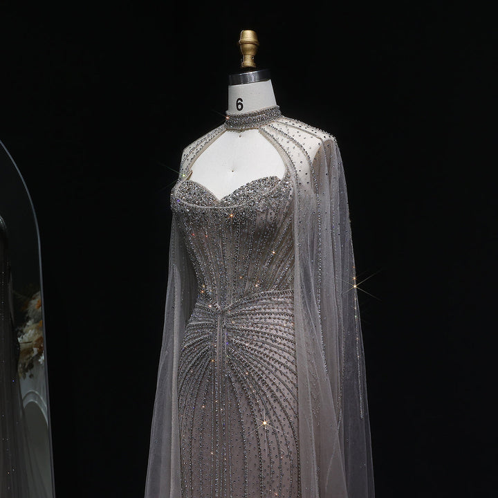 Shimmering Beaded Evening Dress with Cape Train SS156