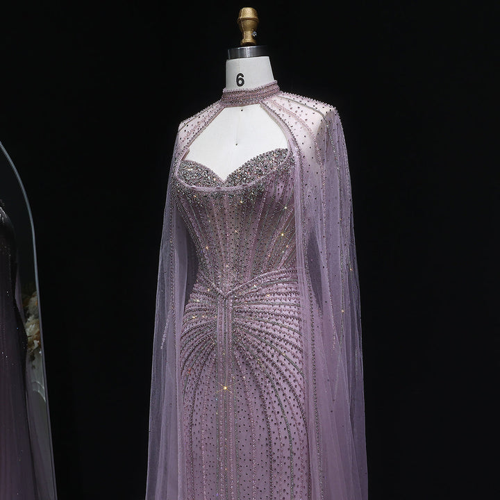Shimmering Beaded Evening Dress with Cape Train SS156